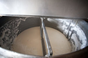 Stopniowo dodawać mleko sfermentowane mleko serwatki. Po wymieszaniu skoagulował zawartość. 